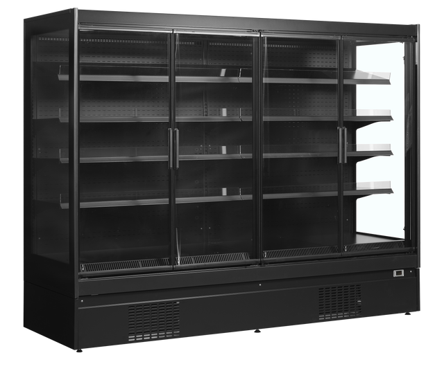 Wandkühlregal – 4 Glastüren – 1540 L – 2562×898×2035 mm – Schwarz / Glas - Produktansicht