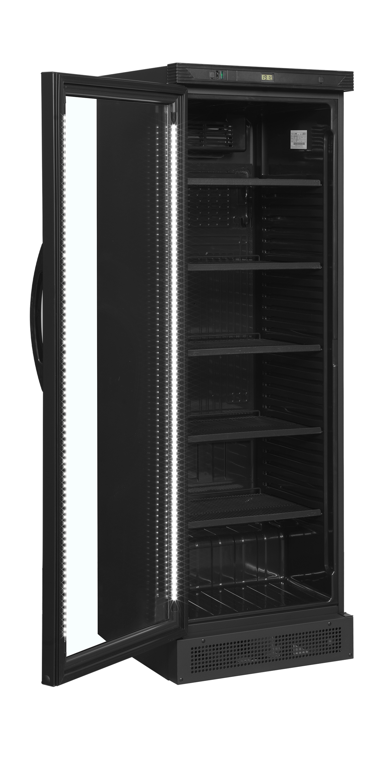 Getränkekühlschrank – 1 Glastür, Linksanschlag – 219 L – 595×600×1840 mm – Schwarz – +2 bis +12 °C - Innenansicht
