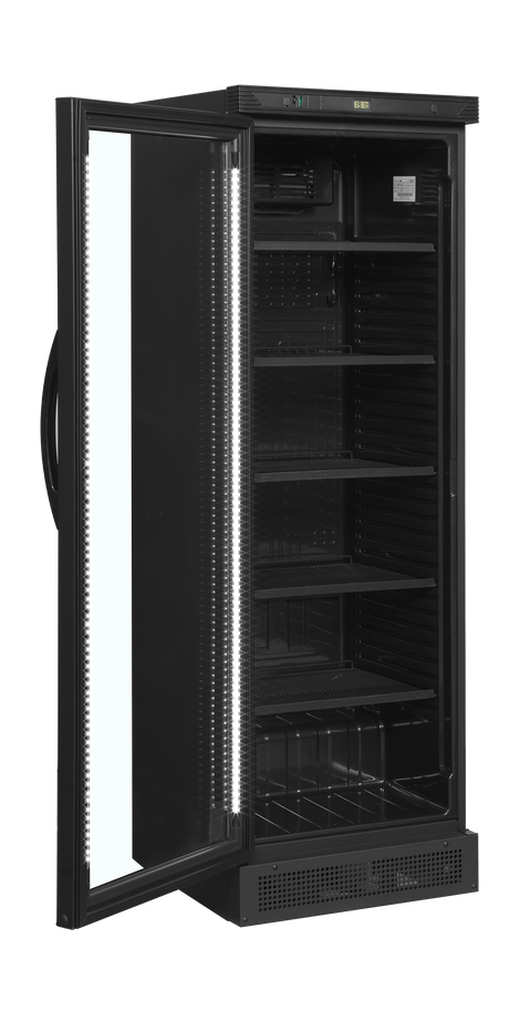 Getränkekühlschrank – 1 Glastür, Linksanschlag – 219 L – 595×600×1840 mm – Schwarz – +2 bis +12 °C - Innenansicht