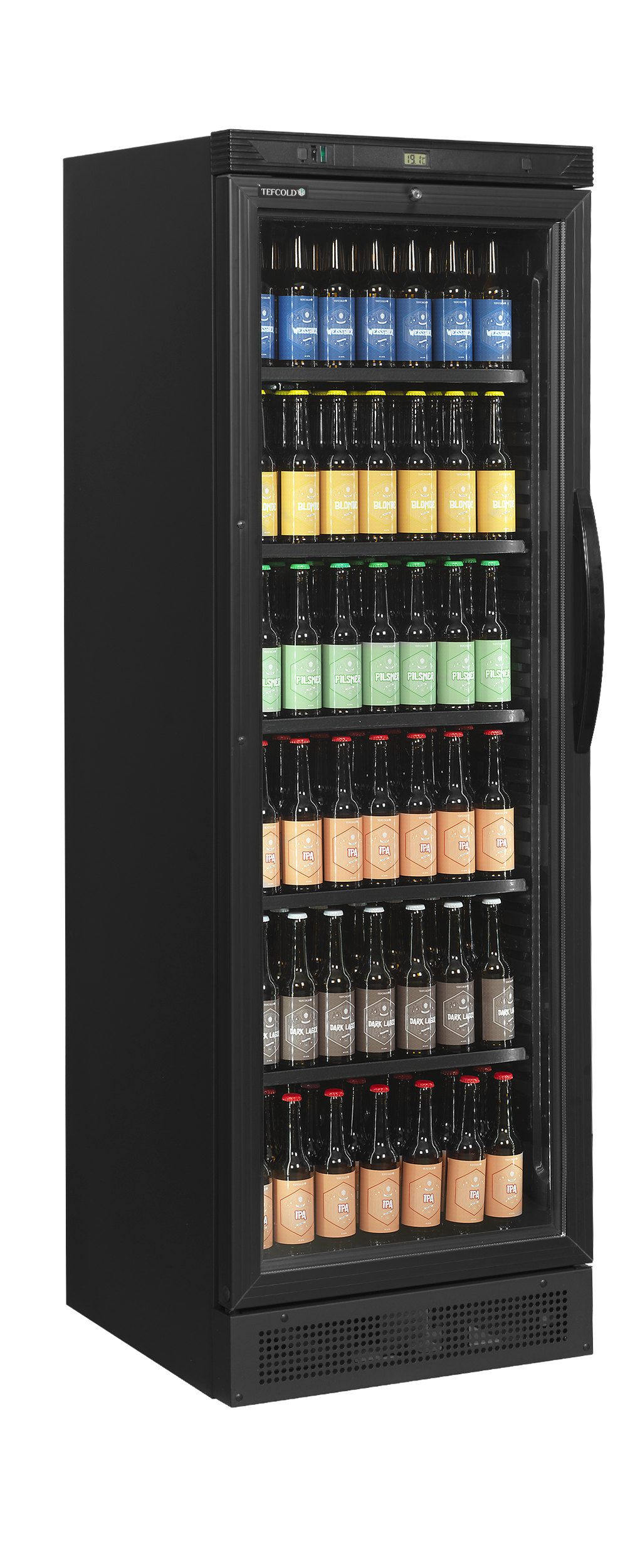Getränkekühlschrank – 1 Glastür, Linksanschlag – 219 L – 595×600×1840 mm – Schwarz – +2 bis +12 °C - Anwendungsbeispiel