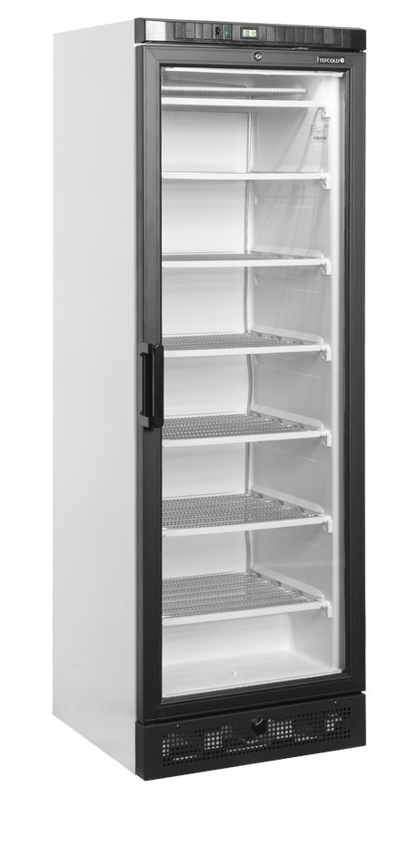 Verkaufsgefrierschrank – 1 Glastür – 270 L – 595×640×1840 mm – Weiß – -23 bis -18 °C – 6 Feste Gefrierablagen – 350 W - Produktansicht