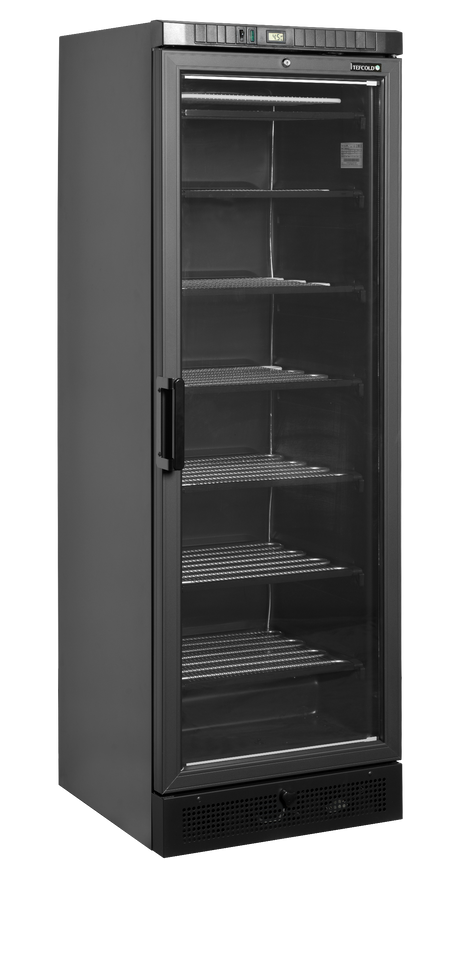 Verkaufsgefrierschrank – 1 Glastür – 270 L – 595×640×1840 mm – Schwarz – -23 bis -18 °C – 6 Feste Gefrierablagen – 350 W - Produktansicht