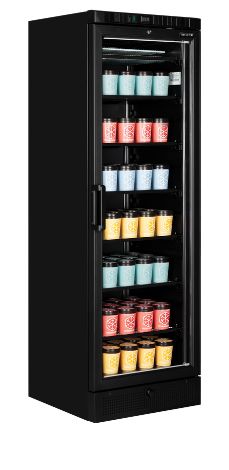 Verkaufsgefrierschrank – 1 Glastür – 270 L – 595×640×1840 mm – Schwarz – -23 bis -18 °C – 6 Feste Gefrierablagen – 350 W - Weitere Ansicht