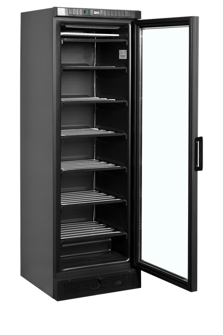 Verkaufsgefrierschrank – 1 Glastür – 270 L – 595×640×1840 mm – Schwarz – -23 bis -18 °C – 6 Feste Gefrierablagen – 350 W - Innenansicht