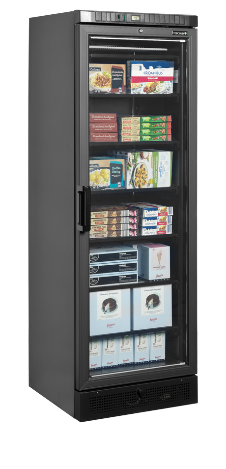Verkaufsgefrierschrank – 1 Glastür – 270 L – 595×640×1840 mm – Schwarz – -23 bis -18 °C – 6 Feste Gefrierablagen – 350 W - Anwendungsbeispiel