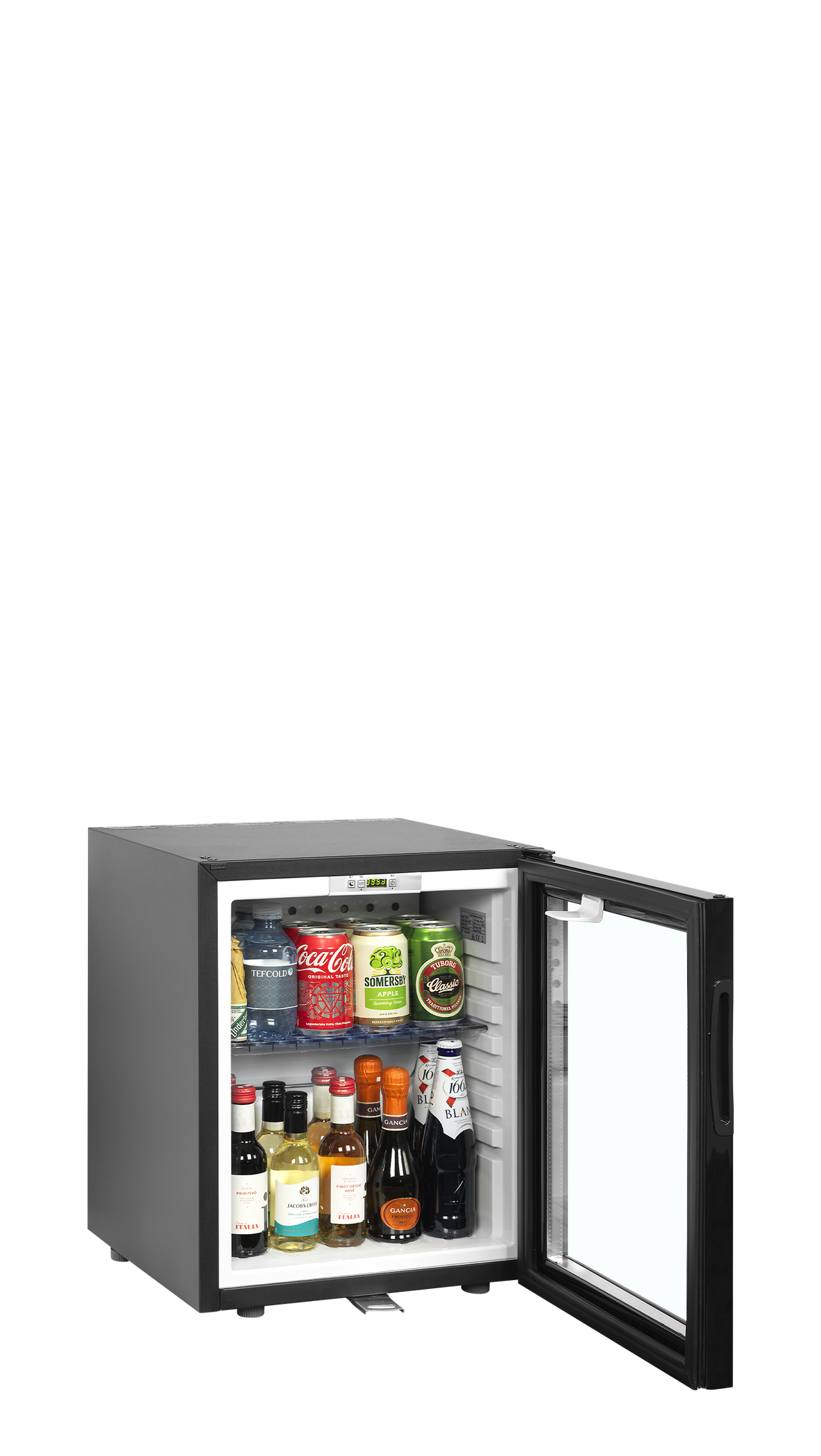 Minibar-Kühlschrank – 1 Glastür – 24 L – 402×425×505 mm – Schwarz - Anwendungsbeispiel