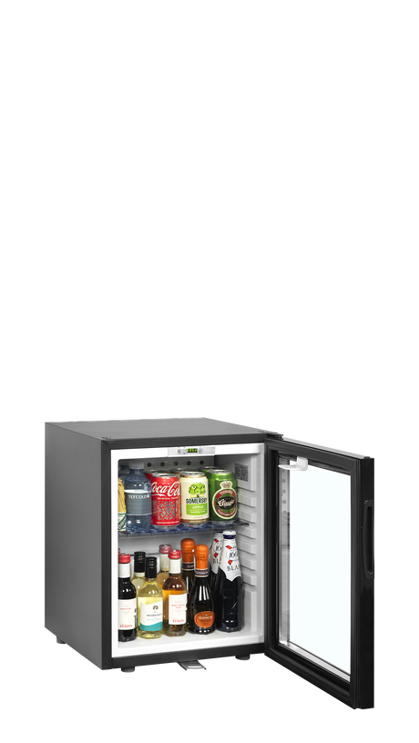 Minibar-Kühlschrank – 1 Glastür – 24 L – 402×425×505 mm – Schwarz - Anwendungsbeispiel