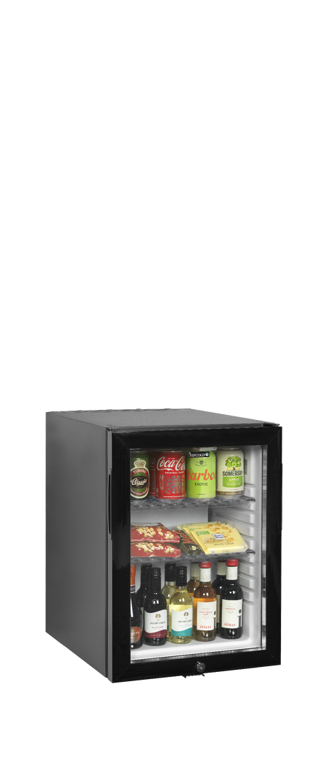 Minibar-Kühlschrank – 1 Glastür – 34 L – 402×485×565 mm – Schwarz - Anwendungsbeispiel