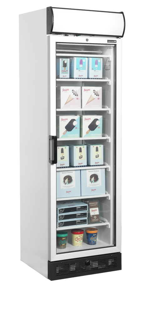 Verkaufsgefrierschrank – 1 Glastür – 270 L – 595×640×1980 mm – Weiß – Innenhöhe 1555 mm – -24 bis -14 °C – 6 Feste Gefrierablagen – 570 W - Anwendungsbeispiel