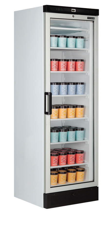 Verkaufsgefrierschrank – 1 Glastür – 270 L – 595×640×1840 mm – Weiß – -23 bis -18 °C – 6 Feste Gefrierablagen – 570 W - Weitere Ansicht