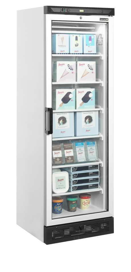 Verkaufsgefrierschrank – 1 Glastür – 270 L – 595×640×1840 mm – Weiß – -23 bis -18 °C – 6 Feste Gefrierablagen – 570 W - Anwendungsbeispiel