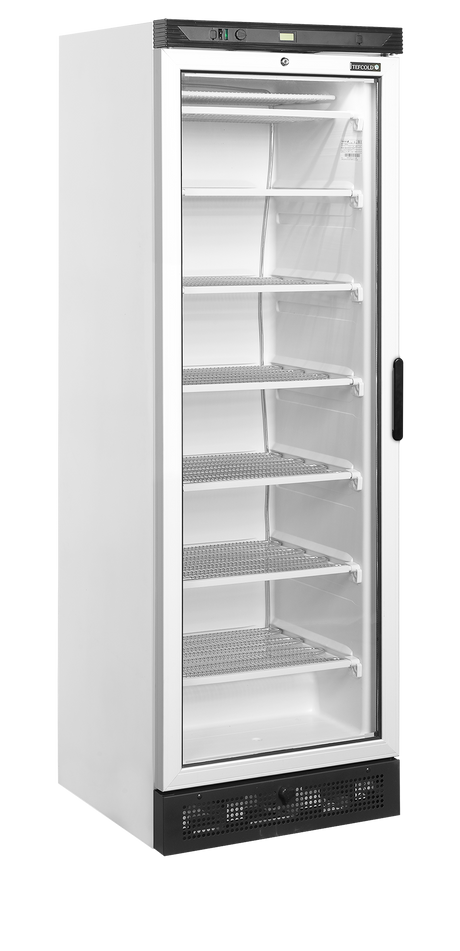 Verkaufsgefrierschrank – 1 Glastür – 270 L – 595×640×1840 mm – Weiß – Türanschlag links – -23 bis -18 °C – 6 Feste Gefrierablagen – 570 W - Produktansicht