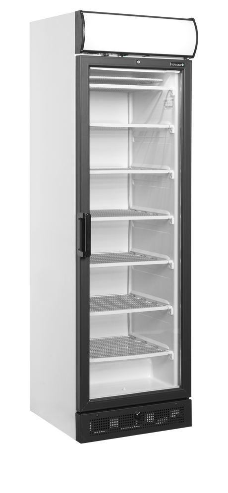 Verkaufsgefrierschrank – 1 Glastür – 270 L – 595×640×1980 mm – Weiß – Innenhöhe 1545 mm – -24 bis -14 °C – 6 Feste Gefrierablagen – 570 W - Produktansicht