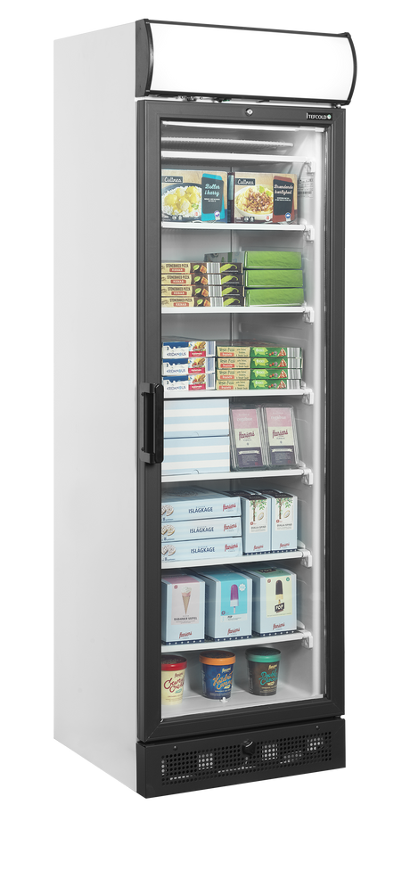 Verkaufsgefrierschrank – 1 Glastür – 270 L – 595×640×1980 mm – Weiß – Innenhöhe 1545 mm – -24 bis -14 °C – 6 Feste Gefrierablagen – 570 W - Anwendungsbeispiel