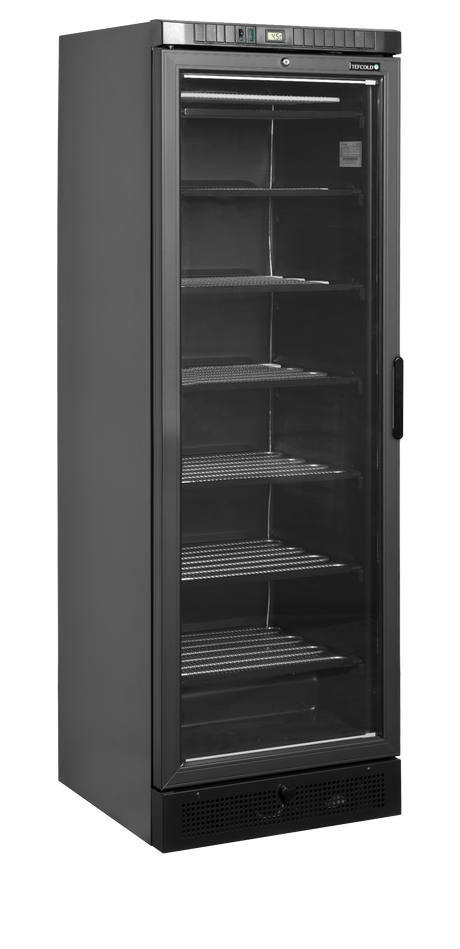 Verkaufsgefrierschrank – 1 Glastür – 270 L – 595×640×1840 mm – Schwarz – Türanschlag links – -23 bis -18 °C – 6 Feste Gefrierablagen – 350 W - Produktansicht