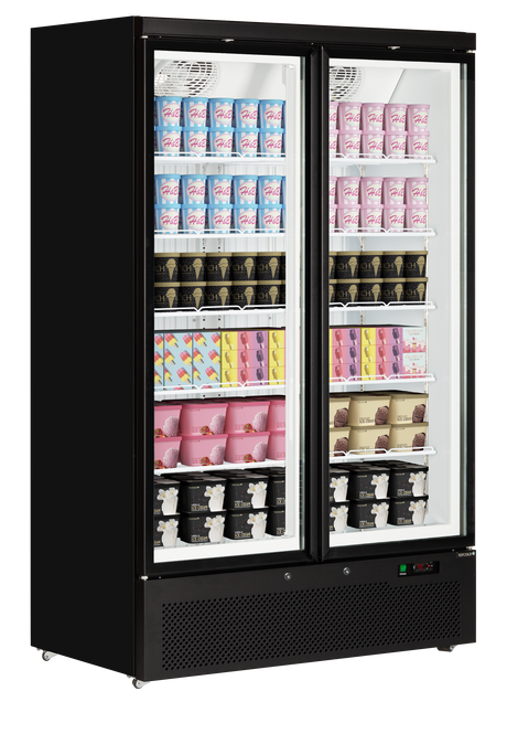 Verkaufsgefrierschrank – 2 Glastüren – 702 L – 1253×760×2003 mm – Schwarz RAL9005 – Innenraum weiss – -18 bis -22 °C – 10 verstellbar – 1205 W - Anwendungsbeispiel