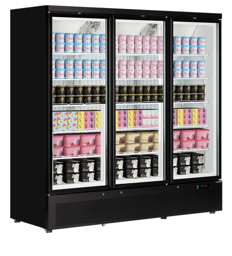 Verkaufsgefrierschrank – 3 Glastüren – 1090 L – 1880×760×2003 mm – Schwarz RAL9005 – Innenraum weiss – -18 bis -22 °C – 15 verstellbar – 1280 W - Anwendungsbeispiel