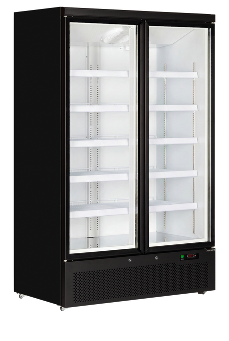 Verkaufskühlschrank – 2 Glastüren – 809 L – 1253×710×2003 mm – Schwarz RAL9005 – Innenraum weiss – 10 verstellbar - Produktansicht