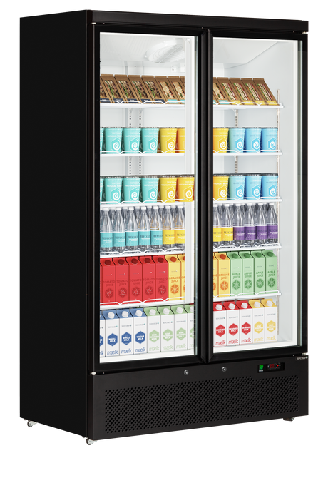 Verkaufskühlschrank – 2 Glastüren – 809 L – 1253×710×2003 mm – Schwarz RAL9005 – Innenraum weiss – 10 verstellbar - Anwendungsbeispiel
