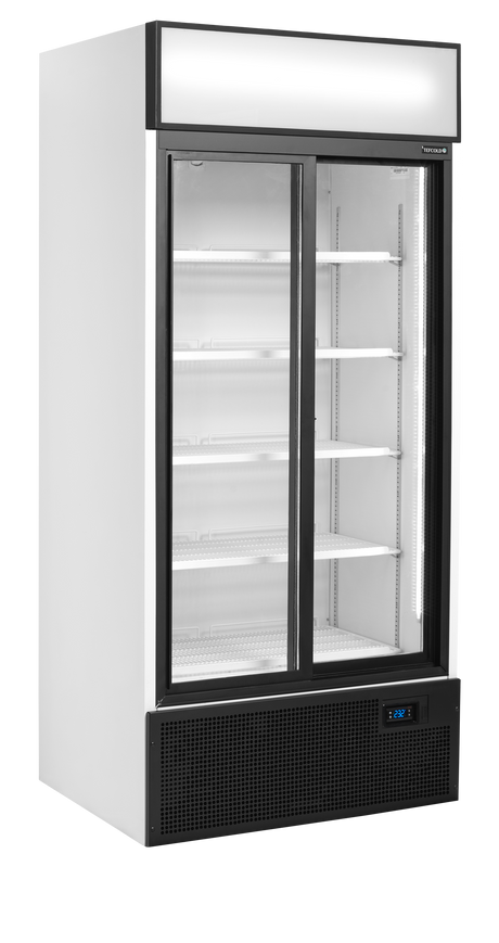 Verkaufskühlschrank – 2 Glasschiebetüren – 462 L – 890×740×1990 mm – Weiß RAL 9016 – D-Form – 5 Tragroste, weiß - Produktansicht