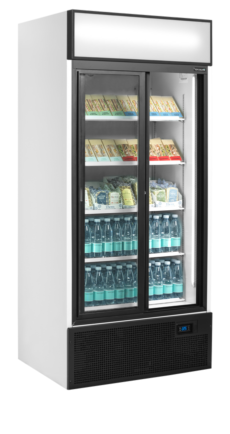 Verkaufskühlschrank – 2 Glasschiebetüren – 462 L – 890×740×1990 mm – Weiß RAL 9016 – D-Form – 5 Tragroste, weiß - Innenansicht
