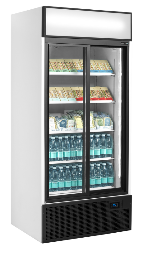 Verkaufskühlschrank – 2 Glasschiebetüren – 462 L – 890×740×1990 mm – Weiß RAL 9016 – D-Form – 5 Tragroste, weiß - Anwendungsbeispiel