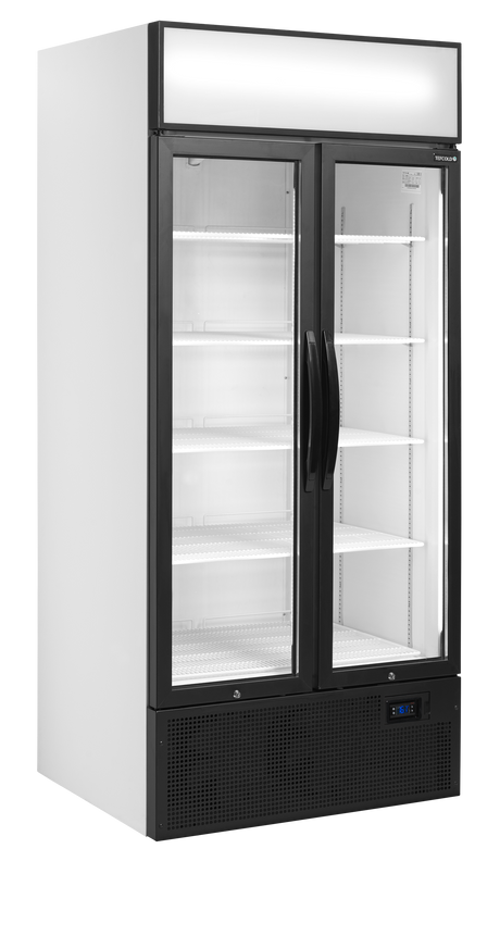 Verkaufskühlschrank – 2 Glastüren – 535 L – 890×740×1990 mm – Weiß RAL 9016 – D-Form – 5 Tragroste, weiß - Produktansicht