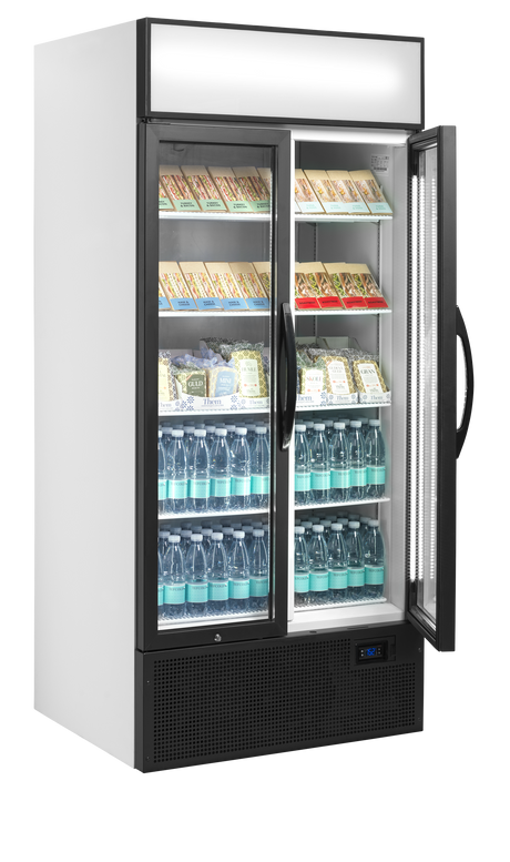 Verkaufskühlschrank – 2 Glastüren – 535 L – 890×740×1990 mm – Weiß RAL 9016 – D-Form – 5 Tragroste, weiß - Innenansicht