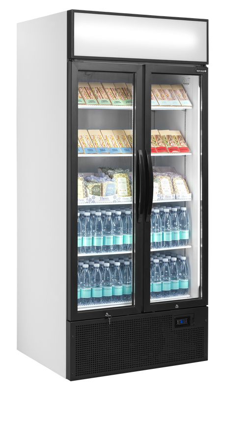 Verkaufskühlschrank – 2 Glastüren – 535 L – 890×740×1990 mm – Weiß RAL 9016 – D-Form – 5 Tragroste, weiß - Anwendungsbeispiel