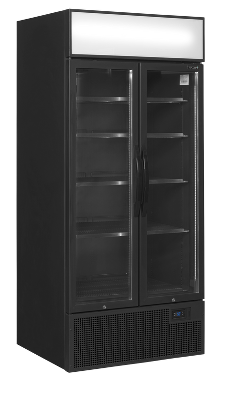 Verkaufskühlschrank – 2 Glastüren – 535 L – 890×740×1990 mm – Schwarz RAL9005 – D-Form – 5 Tragroste, schwarz - Produktansicht