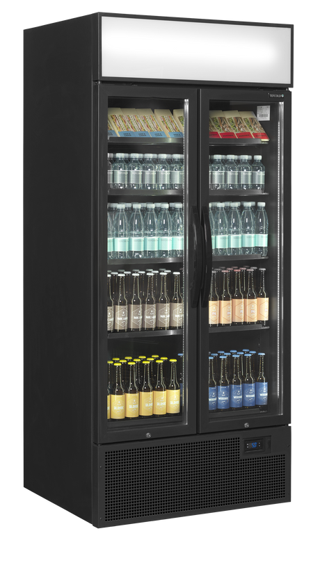 Verkaufskühlschrank – 2 Glastüren – 535 L – 890×740×1990 mm – Schwarz RAL9005 – D-Form – 5 Tragroste, schwarz - Anwendungsbeispiel