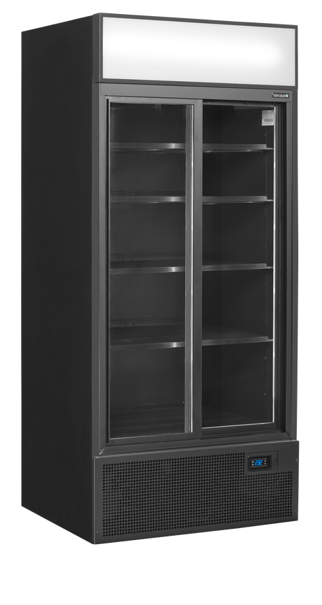 Verkaufskühlschrank – 2 Glasschiebetüren – 462 L – 890×740×1990 mm – Schwarz RAL9005 – D-Form – 5 Tragroste, schwarz - Produktansicht