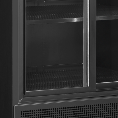 Verkaufskühlschrank – 2 Glasschiebetüren – 462 L – 890×740×1990 mm – Schwarz RAL9005 – D-Form – 5 Tragroste, schwarz - Detail