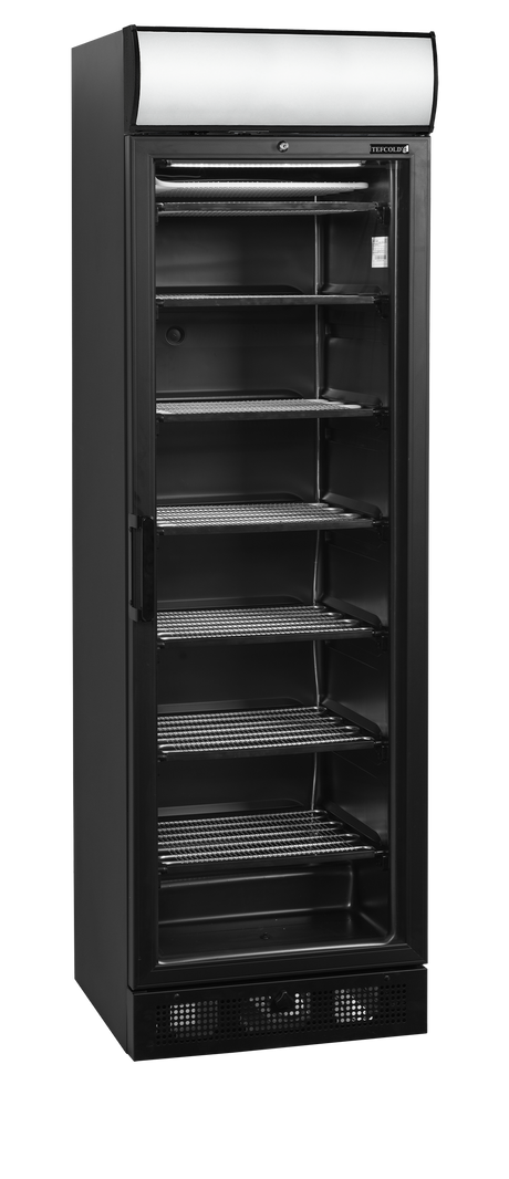 Verkaufsgefrierschrank – 1 Glastür – 270 L – 595×640×1980 mm – Schwarz – -24 bis -14 °C – 6 Feste Gefrierablagen – 570 W - Produktansicht