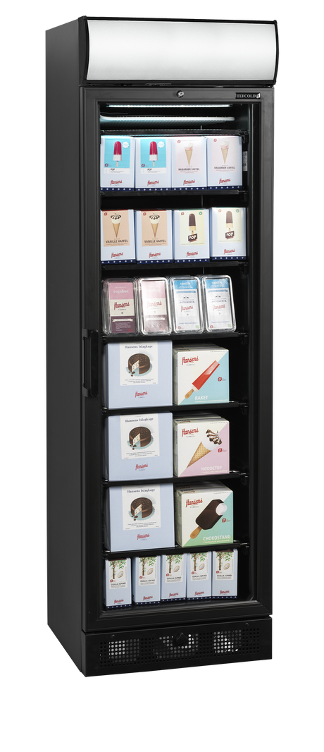 Verkaufsgefrierschrank – 1 Glastür – 270 L – 595×640×1980 mm – Schwarz – -24 bis -14 °C – 6 Feste Gefrierablagen – 570 W - Anwendungsbeispiel