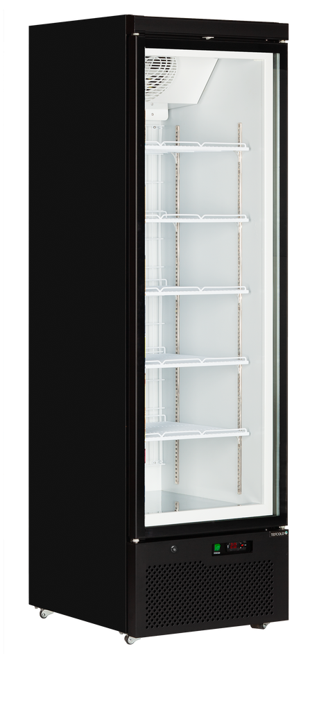 Verkaufsgefrierschrank – 1 Glastür – 390 L – 750×760×2003 mm – Schwarz RAL9005 – Innenraum weiss – -18 bis -22 °C – 5 verstellbar – 600 W - Produktansicht