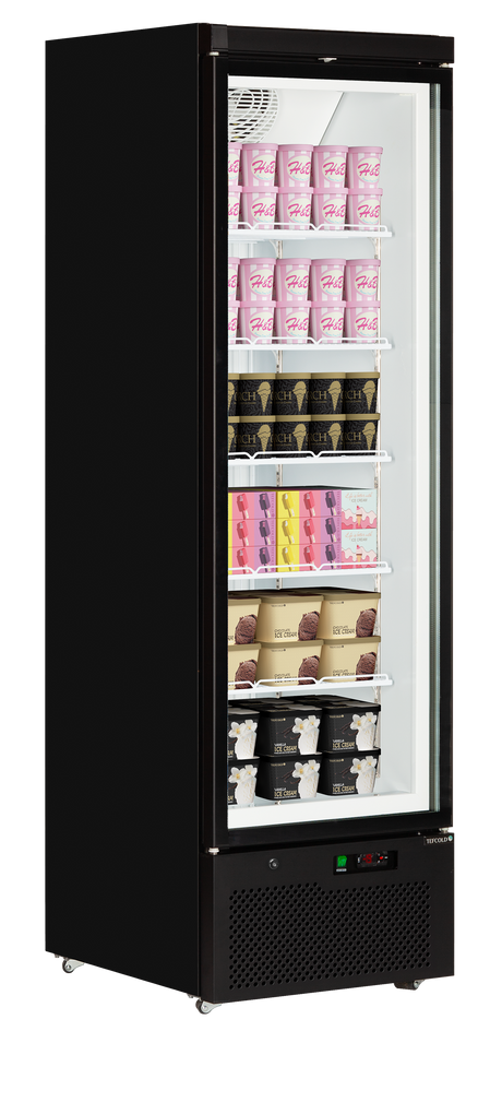 Verkaufsgefrierschrank – 1 Glastür – 390 L – 750×760×2003 mm – Schwarz RAL9005 – Innenraum weiss – -18 bis -22 °C – 5 verstellbar – 600 W - Anwendungsbeispiel