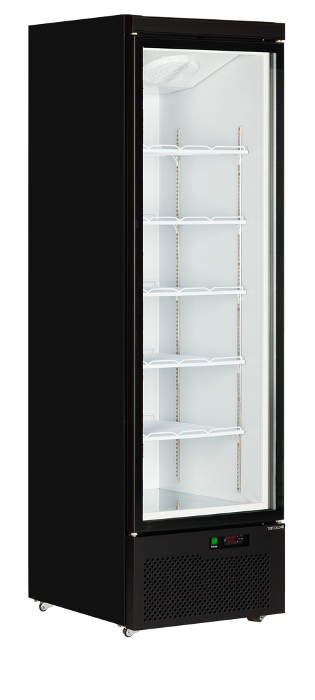 Verkaufskühlschrank – 1 Glastür – 459 L – 750×710×2003 mm – Schwarz RAL9005 – Innenraum weiss – 5 verstellbar - Produktansicht