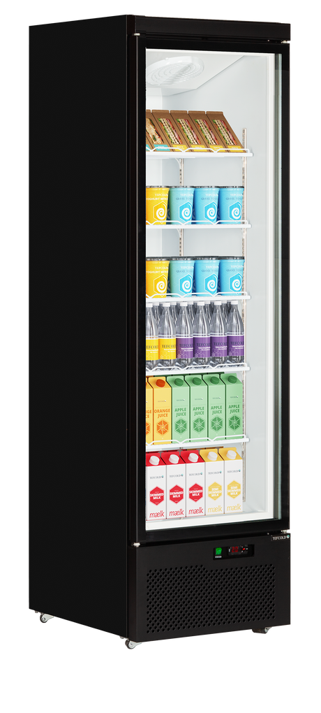 Verkaufskühlschrank – 1 Glastür – 459 L – 750×710×2003 mm – Schwarz RAL9005 – Innenraum weiss – 5 verstellbar - Anwendungsbeispiel