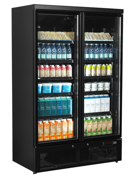 Verkaufskühlschrank – 2 Glastüren – 809 L – 1253×710×2003 mm – Schwarz RAL9005 – Innenraum schwarz – 10 verstellbar - Anwendungsbeispiel