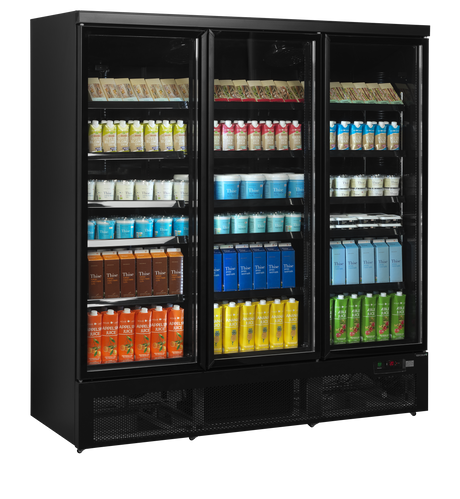Verkaufskühlschrank – 3 Glastüren – 1062 L – 1880×710×2003 mm – Schwarz RAL9005 – 15 verstellbar - Anwendungsbeispiel