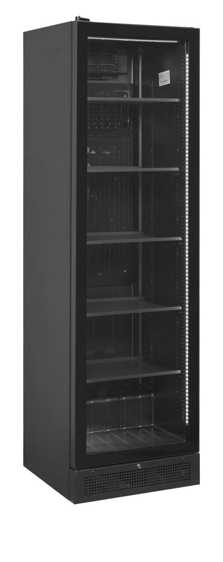 Getränkekühlschrank – 1 Glastür, Linksanschlag – 347 L – 595×595×1990 mm – Schwarz – +2 bis +10 °C - Produktansicht