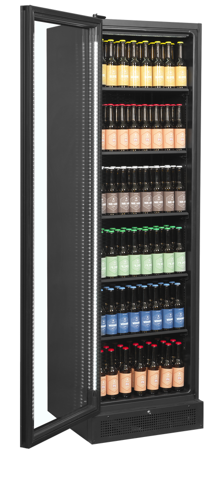 Getränkekühlschrank – 1 Glastür, Linksanschlag – 347 L – 595×595×1990 mm – Schwarz – +2 bis +10 °C - Innenansicht