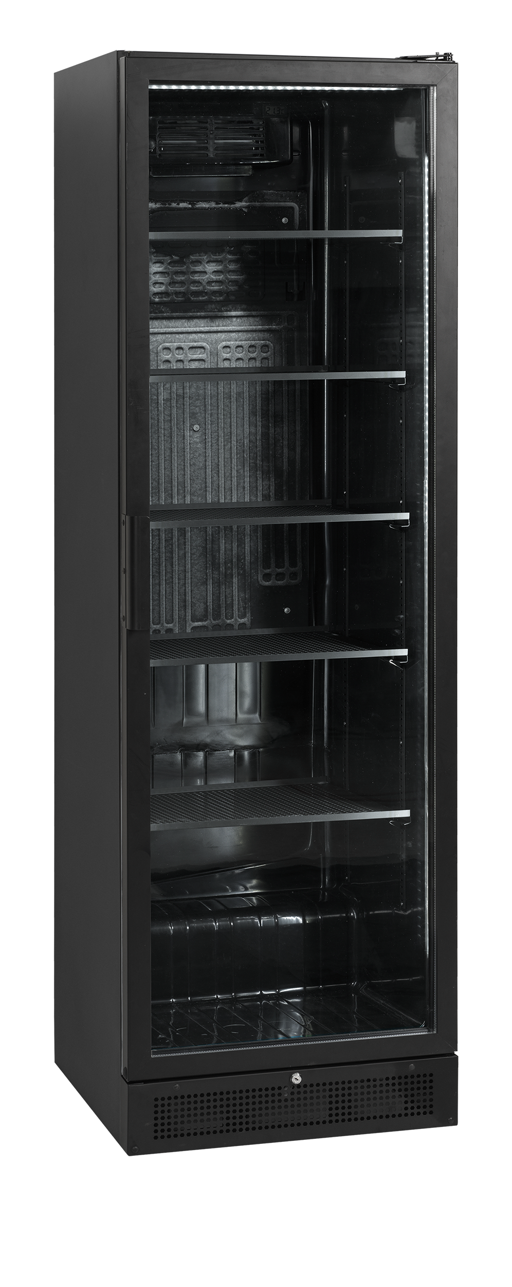 Verkaufskühlschrank – 1 Glastür – 263 L – 595×595×1990 mm – Schwarz – 5 Blech schwarz - Produktansicht