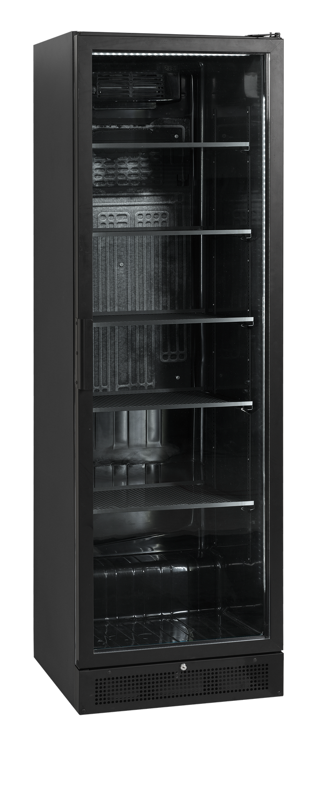 Verkaufskühlschrank – 1 Glastür – 263 L – 595×595×1990 mm – Schwarz – 5 Blech schwarz - Produktansicht