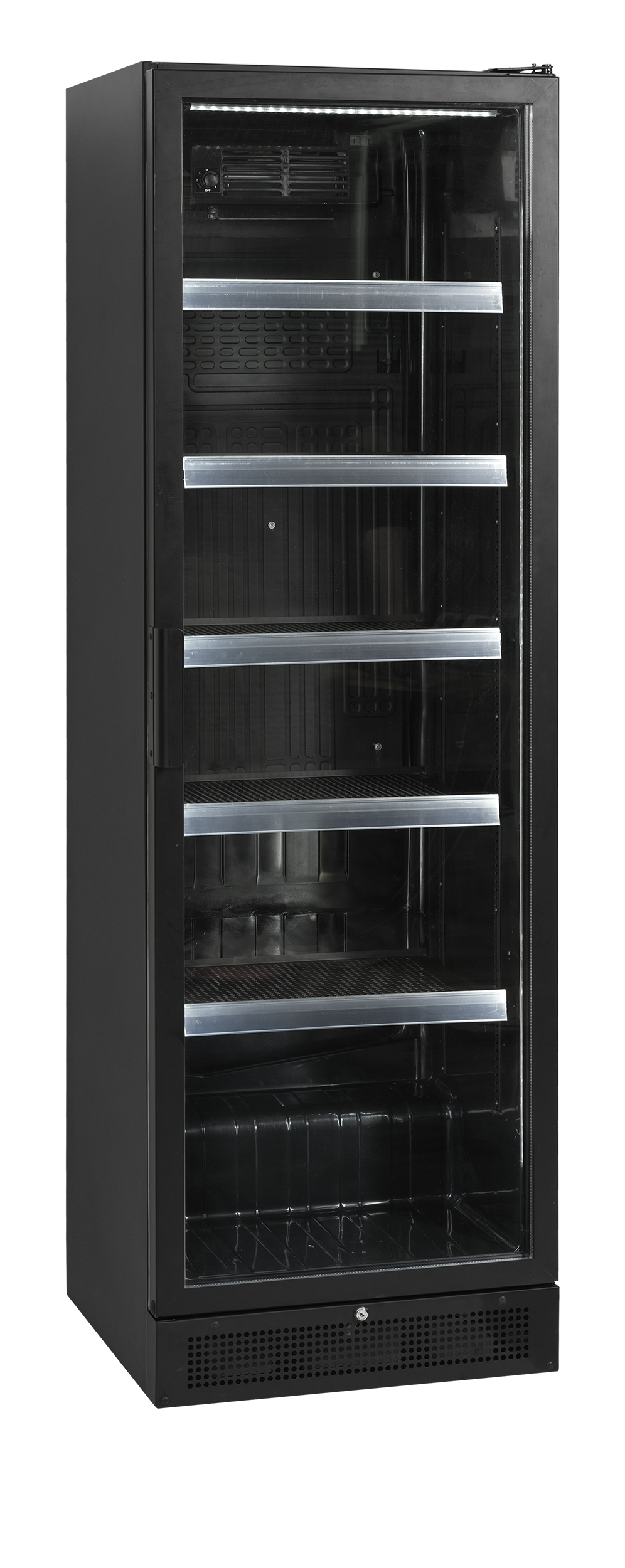 Verkaufskühlschrank – 1 Glastür – 263 L – 595×595×1990 mm – Schwarz – 5 Blech schwarz - Innenansicht