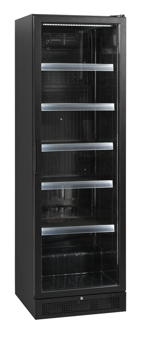 Verkaufskühlschrank – 1 Glastür – 263 L – 595×595×1990 mm – Schwarz – 5 Blech schwarz - Innenansicht