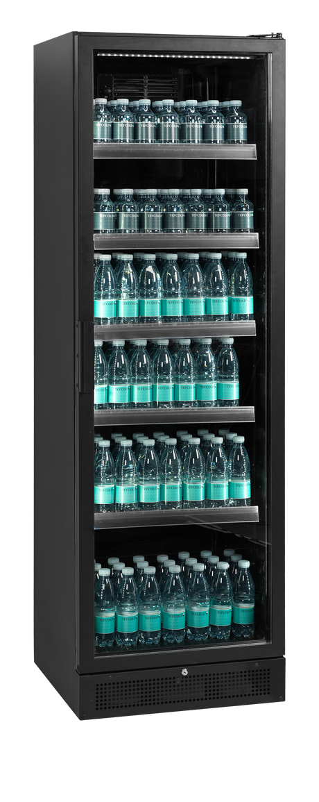 Verkaufskühlschrank – 1 Glastür – 263 L – 595×595×1990 mm – Schwarz – 5 Blech schwarz - Anwendungsbeispiel