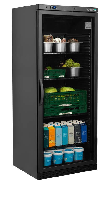 Verkaufskühlschrank – 1 Glastür – 570 L – 777×695×1895 mm – Schwarz – 4 Tragroste, schwarz - Anwendungsbeispiel