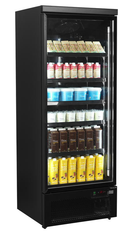 Verkaufskühlschrank – 1 Glastür – 459 L – 750×710×2003 mm – Schwarz RAL9005 – Innenraum schwarz – 5 verstellbar - Anwendungsbeispiel